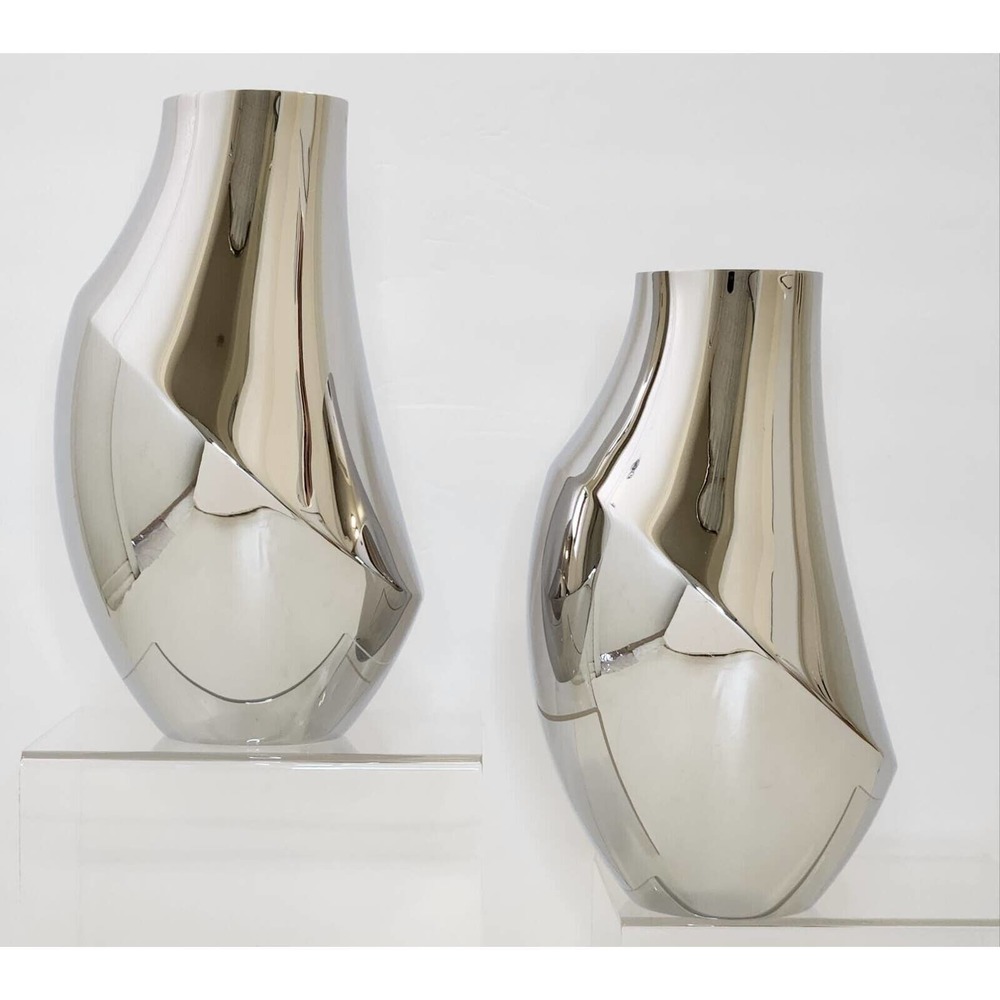 Georg Jensen Flora Modern Polished Stainless 9" Vases Lot Of 2